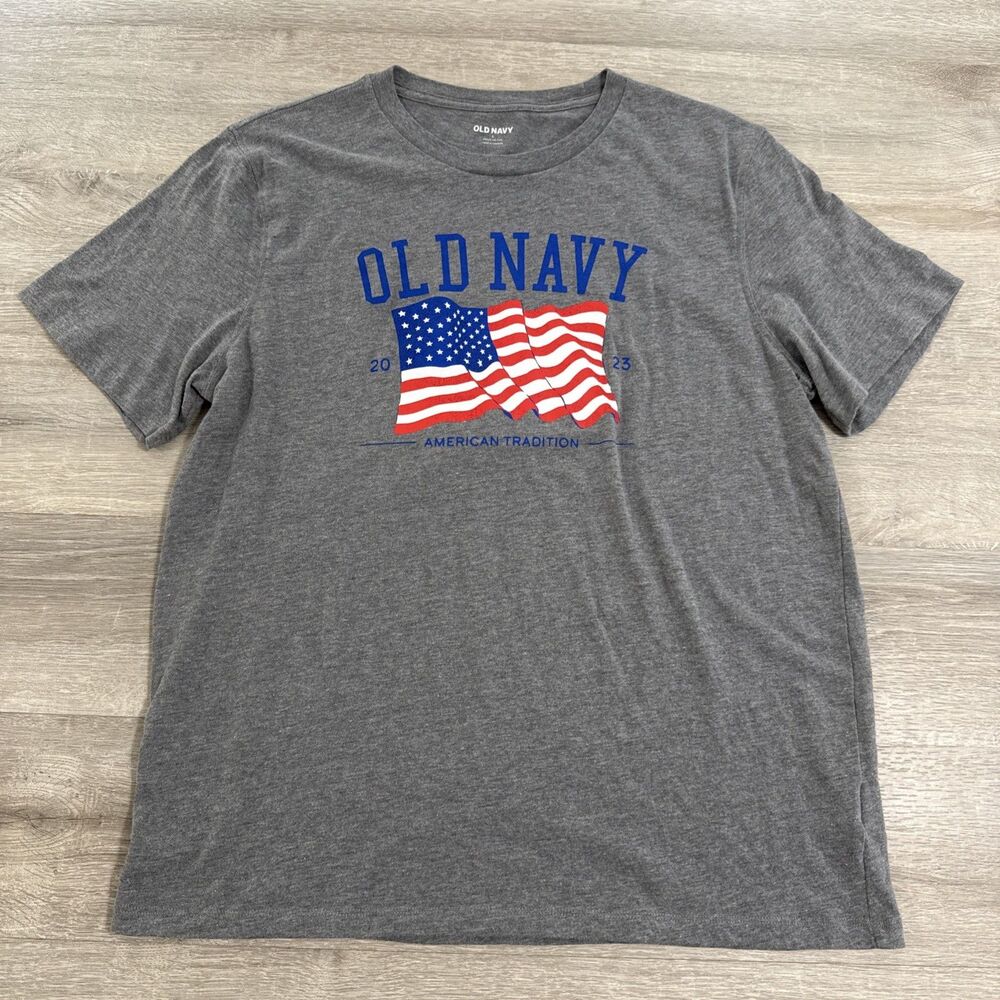 Old Navy Shirt 2023 American Flag Patriotic Men’s Gray Large Cotton Blend
